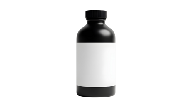 Black bottle with white label isolated on white background