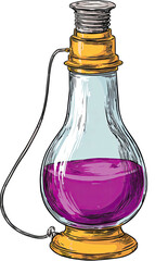 Ornate glass flask holding glowing purple liquid with metal accents