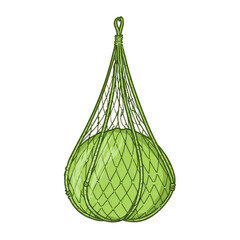 Green fruit in a woven net bag, suspended from a loop