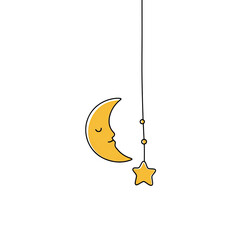 A charming cartoon crescent moon with closed eyes rests near a star