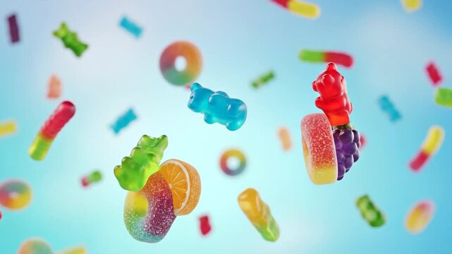 Floating, Colorful Gummy Bears Create Playful Candy-Themed Video Content