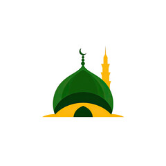 Green and gold dome structure with minaret, flat vector design