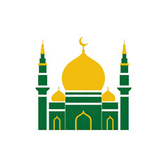 Stylized green mosque with golden dome and crescent symbol