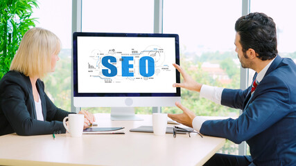 SEO search engine optimization for modish e-commerce and online retail business showing on computer...