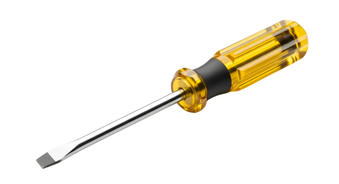 Screwdriver with yellow handle on white background