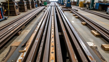 Obraz premium Industrial scene featuring long metal rails in a workshop setting.