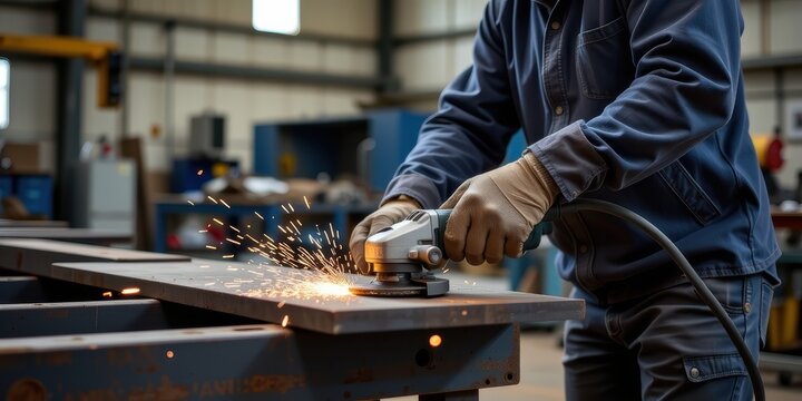 A worker using a grinder to shape metal in an industrial workshop.