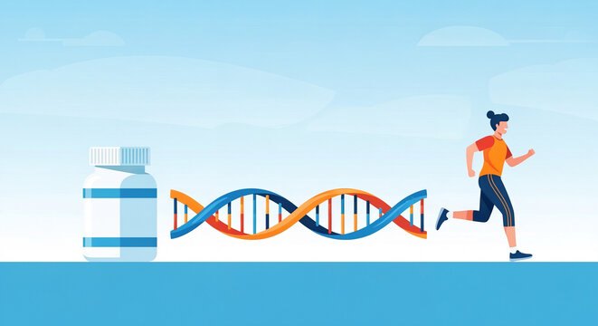 Genetics, Supplements, and Fitness Concept: Runner Connected to DNA Strand and Pills Bottle