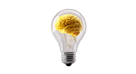 Glowing yellow brain inside a clear glass lightbulb on black