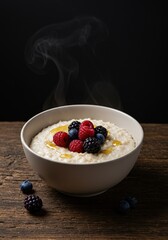 A warm, creamy bowl of porridge, garnished with fresh berries and a drizzle of honey, sitting on a rustic wooden surface. Steaming gently ,breakfast ,cereal ,kitchen
