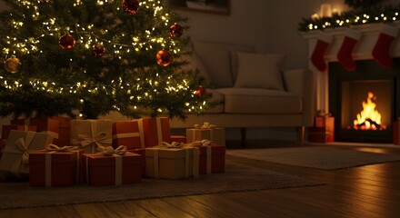 Cozy Christmas Scene - Tree, Fireplace, and Gifts.