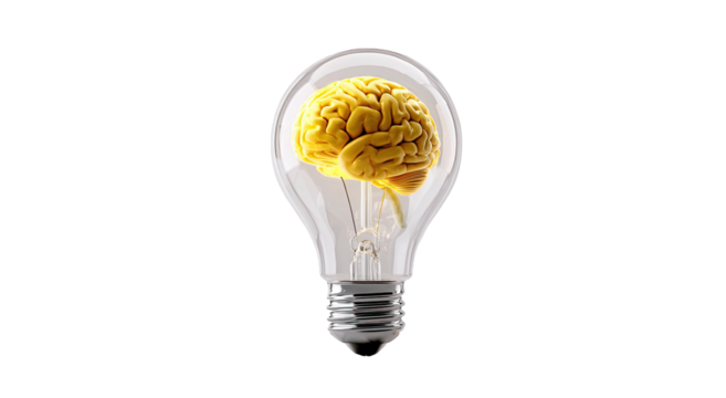 Glowing yellow brain inside a clear glass lightbulb on black