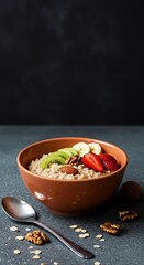 A warm, inviting bowl of wholesome oat porridge with fresh fruit and nuts, symbolizing a nutritious and energy-boosting breakfast choice ,bright ,studio shot ,clean eating