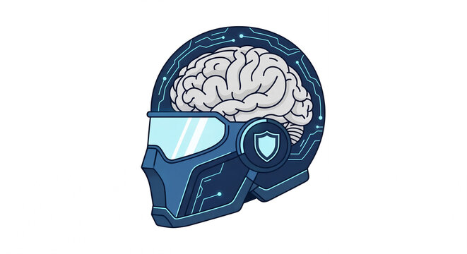 Artificial Intelligence Brain inside Cyber Security Helmet - Futuristic AI Protection Concept
