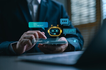 Businessman using mobile phone with AI chatbot interface, prompt input field, and virtual assistant icons, representing conversational AI, customer support automation, and smart technology.