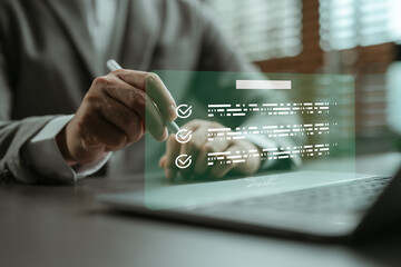 Close-up of business hand using digital pen to sign checklist document on virtual screen, symbolizing e-signature, digital agreement, task management, and paperless workflow.