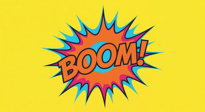 BOOM! Comic Book Explosion Text Bubble on a Bright Yellow Background