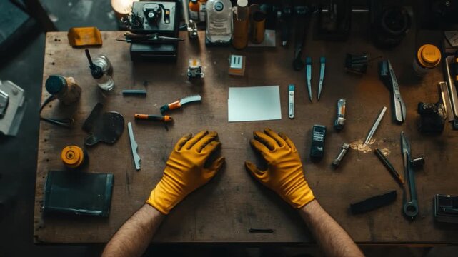 Workshop Precision: A top-down view shows gloved hands working at a workbench, meticulously surrounded by tools. A scene of focus, craftsmanship, and the beauty of working with tools 
