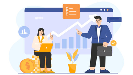 Business People Checking Stock Exchange Data Flat Vector Illustration