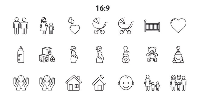 Collection of linear icons representing family, pregnancy, and childhood isolated on white background