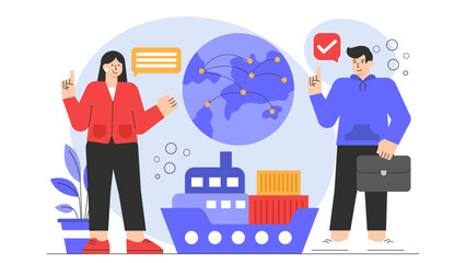 Cargo Ship and Global Logistics Flat Vector Illustration