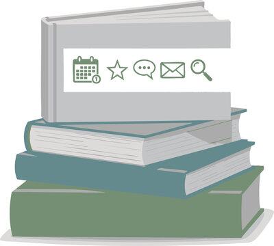 Stacked books with icons representing various digital tools and functions for learning and organization.