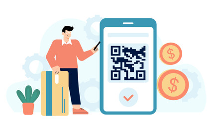 Flat Design Mobile Payment and QR Code Transaction Flat Vector Illustration
