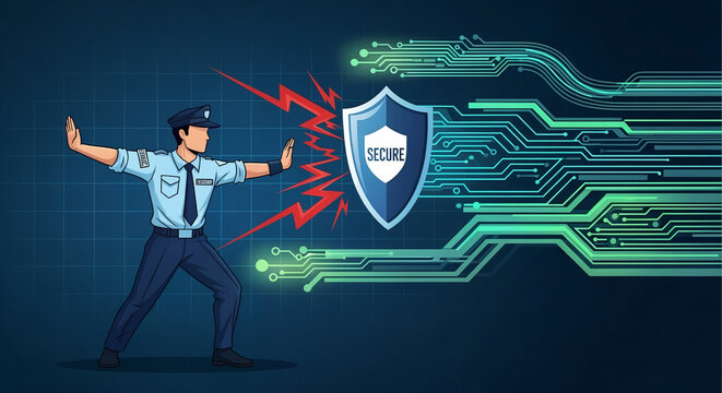 Security Guard Protecting Data with Shield Against Digital Threat on Circuit Board Background