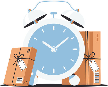 Clock and packages symbolize time-sensitive delivery and shipping logistics.
