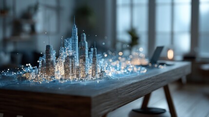 A futuristic cityscape is displayed on a tabletop, featuring glowing skyscrapers and a vibrant digital atmosphere.