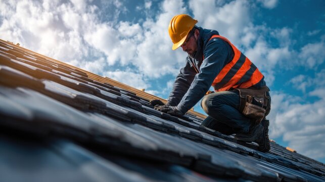 A construction worker in safety gear is installing roofing tiles under a bright sky, emphasizing safety and craftsmanship in building.