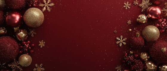 A festive arrangement of red and gold Christmas ornaments and snowflakes on a rich burgundy background, evoking a warm holiday spirit.