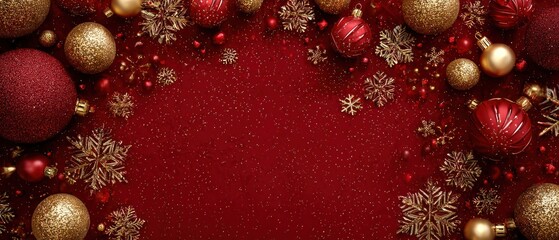 Obraz premium A festive arrangement of red and gold Christmas ornaments, sparkling snowflakes, and a glittery background, perfect for holiday celebrations.