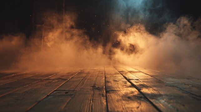 A misty scene featuring a wooden floor illuminated by soft, dramatic lighting, creating an atmospheric and mysterious ambiance.