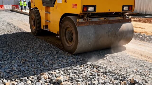 Heavy machinery compacts gravel and prepares the urban ground before steel and concrete foundation work for a towering skyscraper begins