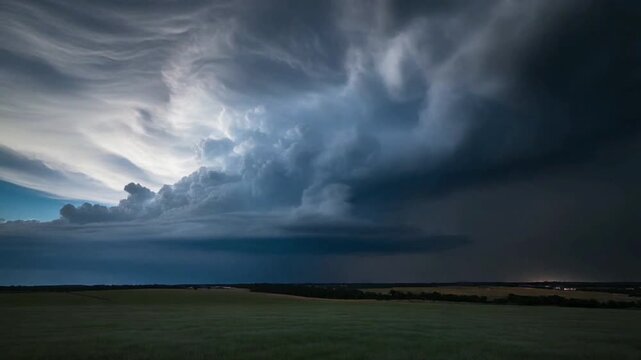 Massive thunderclouds forming and rolling across a wide landscape.