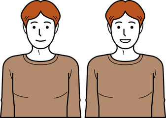 正面向き。腕をおろしたTシャツの若い男性。