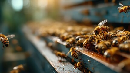 A close-up shot of bees buzzing around a hive, showcasing their busy activity and the intricate details of their environment.
