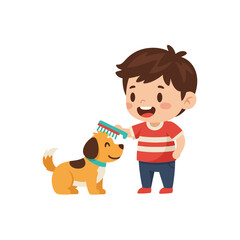A cheerful child is brushing a happy, friendly dog's fur.