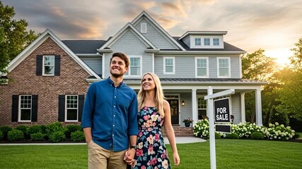 Couple excitedly viewing their dream home, envisioning future together.