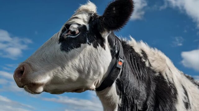 Closeup of a cow wearing a smart ear tag allowing AI livestock monitoring to track health and behavior patterns on a digital platform.