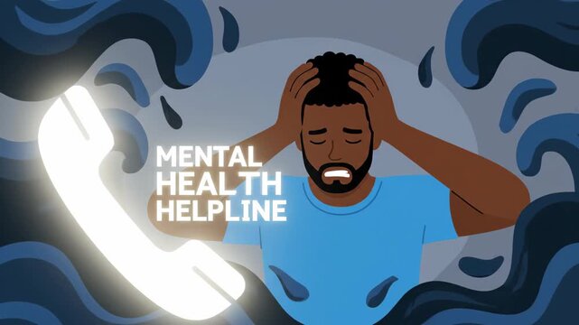 A man in distress, holding his head, with a phone receiver and the words 'Mental Health Helpline'.