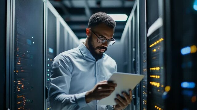 Digital Realm Guardian: A focused technician diligently surveys a server rack in a cutting-edge data center, symbolizing the backbone of technology and security in the digital age. - Powered by Adobe