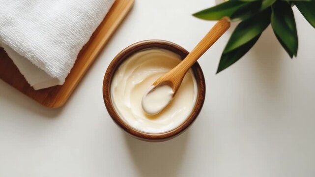 Spa Ritual: Indulge in tranquility with this overhead shot of a spa-like setup. A wooden bowl filled with creamy lotion is paired with a wooden spoon and a towel, evoking a sense of relaxation.