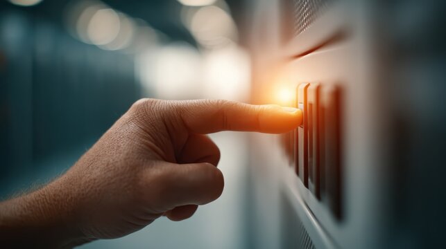 A hand poised to activate a switch on a server panel, emitting a warm glow, symbolizing technology and connectivity.