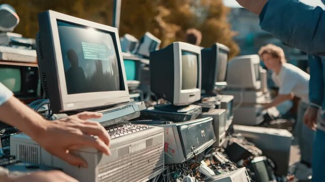 Medium shot showing consumers responsibly discarding old gadgets at a local ewaste collection point emphasizing sustainable recycling habits.