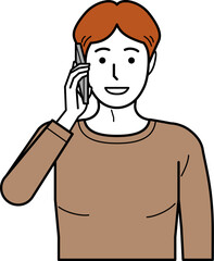 Obraz premium 正面向き。スマホで電話するTシャツの若い男性。