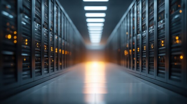 A futuristic server room with rows of servers, illuminated by soft lighting, creating a pathway towards a glowing exit.