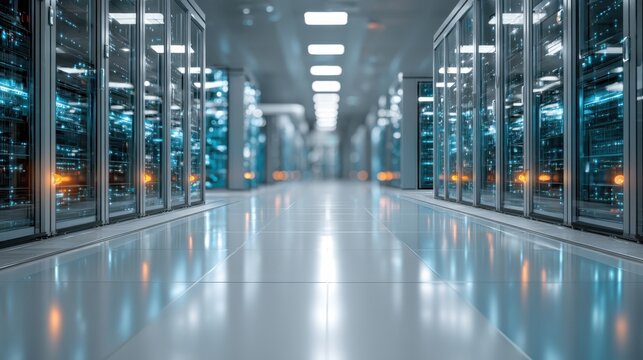 A modern server room with rows of server racks, illuminated by cool blue lights, reflecting off the polished floor, showcasing advanced technology and infrastructure.