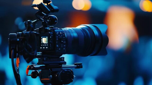 Cinematic Vision: A close-up shot of a professional camera mounted on a tripod, ready to capture cinematic moments. The lens, focused and prepared, hints at stories waiting to be told.